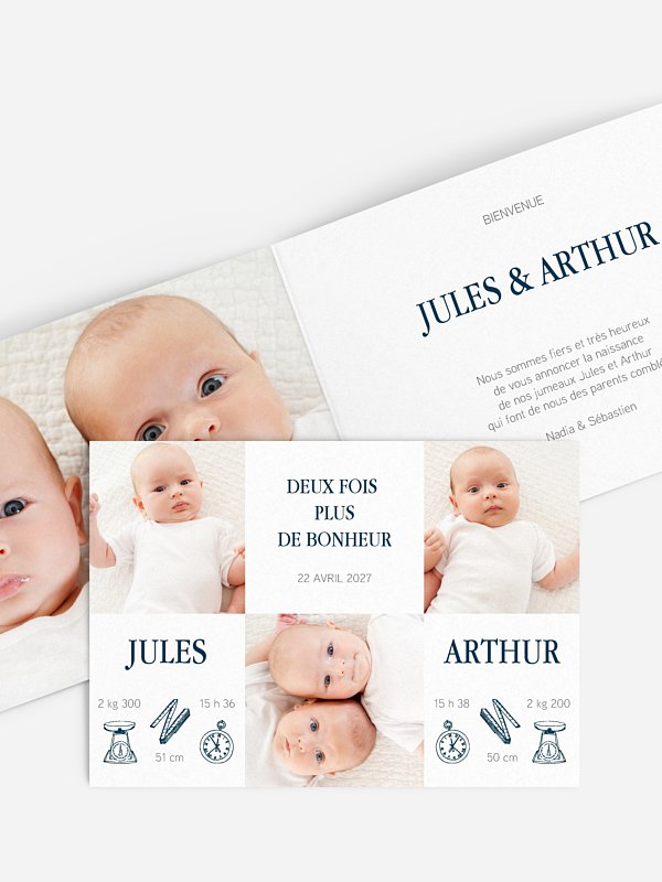 Faire-part naissance jumeaux Bonheur multiple