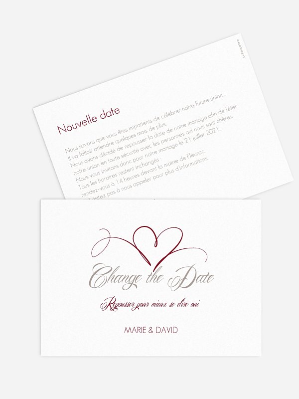 Carte mariage reporté En plein coeur